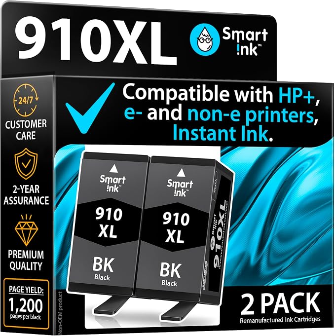 Smart Ink Remanufactured Ink Cartridge Replacement for HP 910 XL 910XL (Black XL 2 Combo Pack) to use with HP OfficeJet Pro 8025e 8028e 8035e 8025 8028 8035 OfficeJet 8015e 8022e 8015 8022 Printers