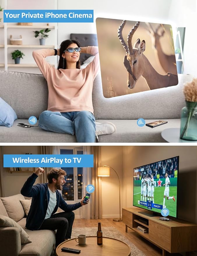 AIMIBO Wireless Display Adapter to AR Glasses, HDMI &USB-C Port, 5G, 60Hz, 5000mAh Battery for i-Phone/i-Pad/Android Phone/Tablet, Laptop Wirelessly to XREAL/Viture/RayNeo/Rokid/TV/Monitor/Projector