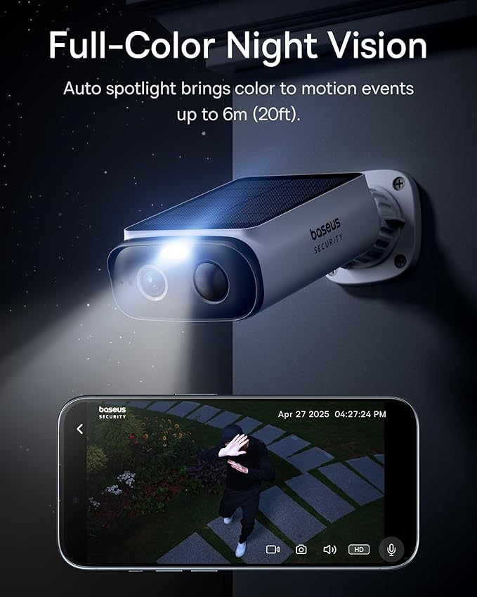 Baseus Solar Security Cameras Wireless Outdoor S1 Lite 4-Cam Kit, 2K Solocam, Continuous Power, Color Night Vision, AI Human Detection, IP67, No Monthly Fee, Compatible with Alexa & Google Home