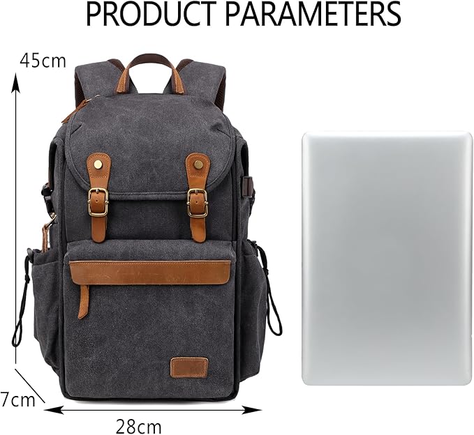 Vintage Canvas Camera Backpack (Charcoal Black) for DSLR/Mirrorless & Drone, Waterproof Photography Bag with 16" Laptop Compartment, Large Capacity Travel Camera Bag for Photographers