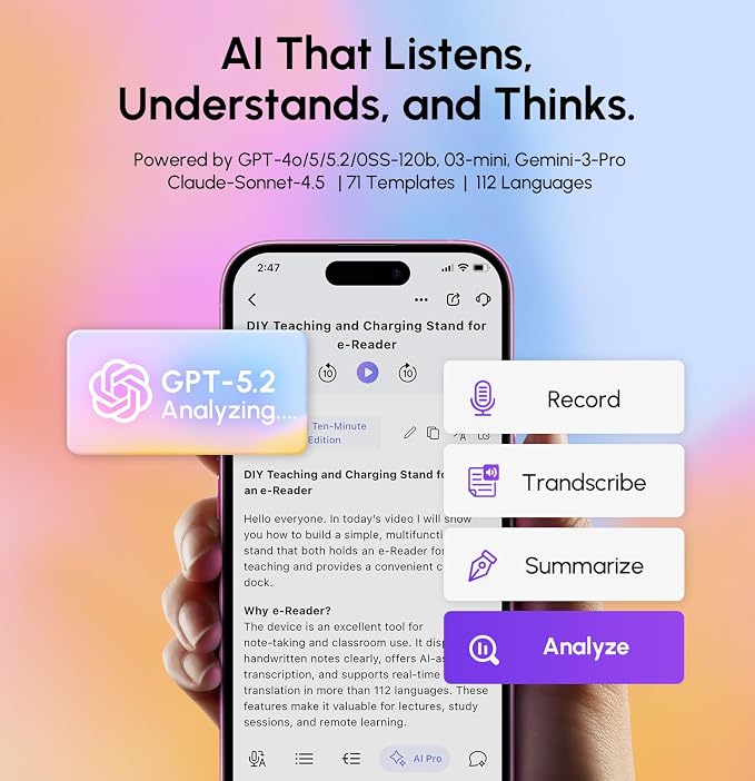 AI Voice Recorder & Transcriber with GPT-5.2 Analysis – 30-Hour Recording, 112-Language Speech-to-Text & Auto Summary for Meetings, Lectures & Interviews,Grey