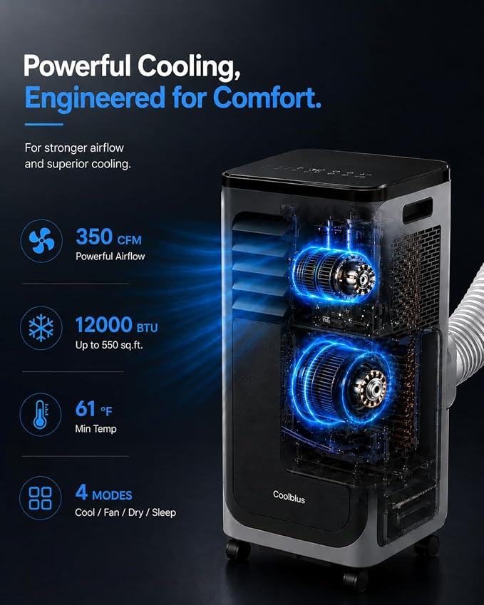 Coolblus Portable Air Conditioners 12000 BTU, Wi-Fi Smart Portable AC Unit for Room Up to 550 Sq.Ft, 3 in 1 Quiet AC with Cool/Dehumidify/Fan, Window Kit, Black-12000BTU-WIFI