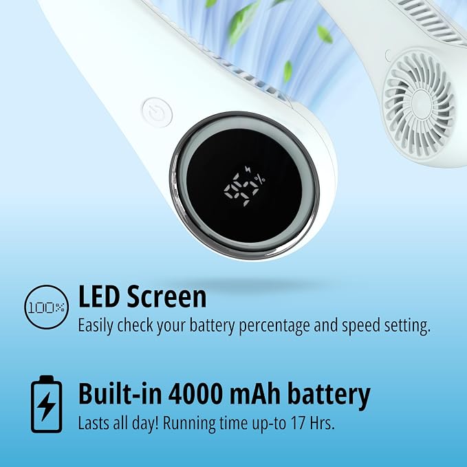Portable Neck Fan – Hands Free Quiet 20dB Cooling Neck Fan, 17-Hour 4000mAh Battery, 3 Speeds, Wearable Fan for Neck Fans that Blow Cold Air, Personal Fans Portable Rechargeable (White)