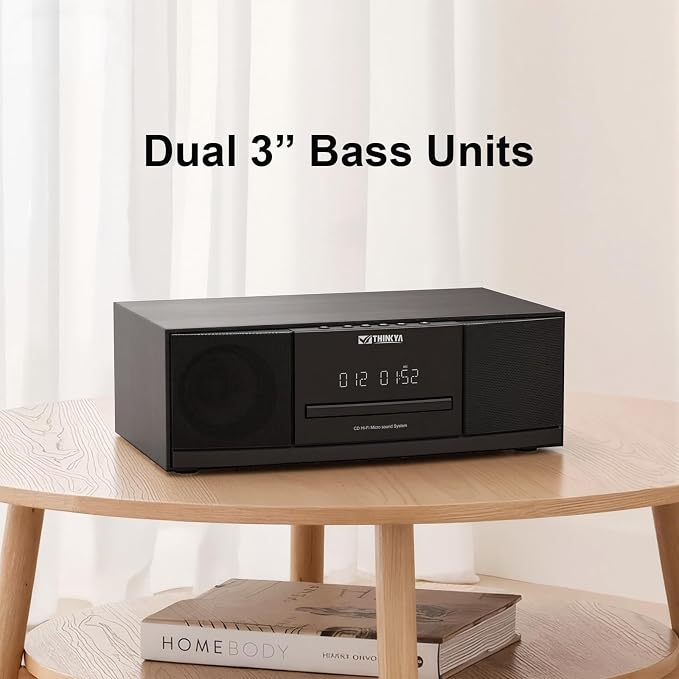 JA-318 CD Player Stereo System for Home, 36W RMS HiFi Bluetooth 5.3 CD Player with Speakers, FM Radio 40 Presets, USB/AUX Playback, LED Clock & Alarm, IR Remote Control, Modern Black Wood