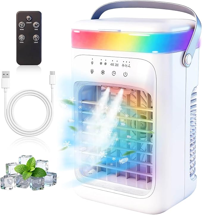 2026 New 4-in-1 Portable Air Conditioner, Sound ≤30dB Mini AC Unit, 12H Runtime, 1000ML Evaporative Air Cooler, 3 Speed & 2 Mist, Remote, USB, Timer, 7-Color LED for Bedroom Office Car - 1 PCS