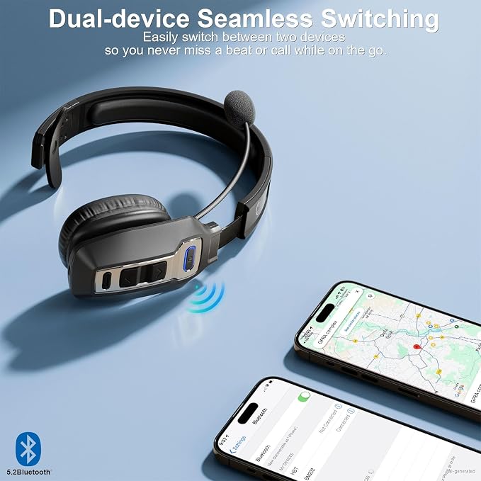 BRAMMAR Trucker Bluetooth Headset with AI Noise Cancellation Microphone, Trucker Headset with 65Hrs Talk Time & Mute Button, Multipoint Connection, Bluetooth Headsets Fit for Truck Drivers/Cell Phones