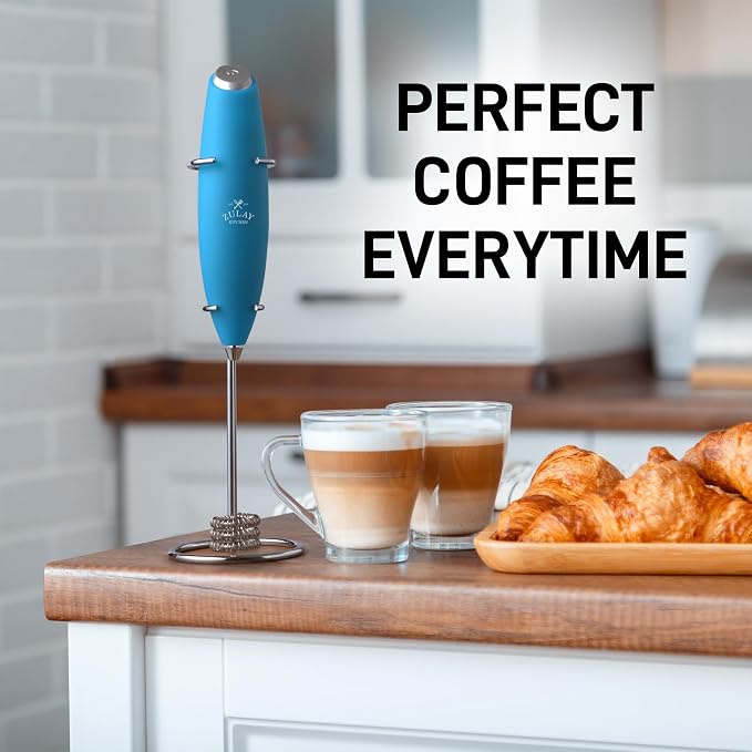 Zulay Kitchen Powerful Milk Frother Wand With Duracell Batteries - Ultra Fast Handheld Drink Mixer - Electric Whisk Foam Maker for Coffee, Lattes, Cappuccino & Matcha - Triple Whisk - Pacific Blue