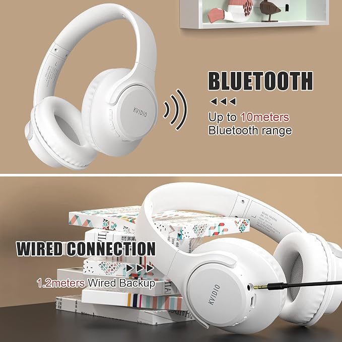 KVIDIO Bluetooth Headphones Over Ear, 65 Hours Playtime Wireless Headphones with Microphone, Foldable Lightweight Headset with Deep Bass, HiFi Stereo Sound Low Latency for Laptop PC Cellphone