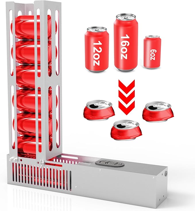SIXRARI Electric Can Crusher for Recycling, Heavy Duty Metal Can Smasher with Automatic Eject, One-Click Operation, Holds 8 Cans at a Time, Fits 6/12/16oz Aluminum Cans/Plastic Soda Bottles (Silver)