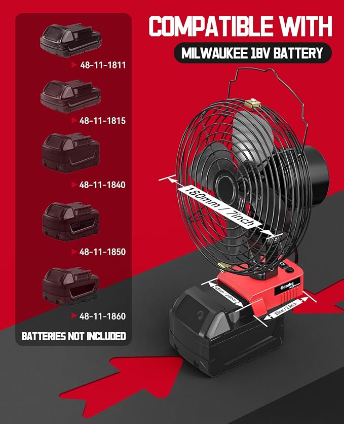 Ecarke 7 Inch Portable Cordless Fan Compatible with Milwaukee 18V Battery (Tool Only) 20W 3500RPM 18v Fan with Low Voltage Protection USB Type-C Charging Port for Industrial Outdoor Cooling