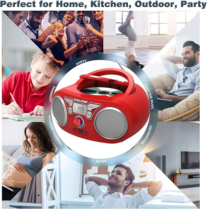 Portable CD Player Boombox with Bluetooth, FM Radio, USB Input, 3.5mm AUX and Headphone Jack, Clear Stereo Sound