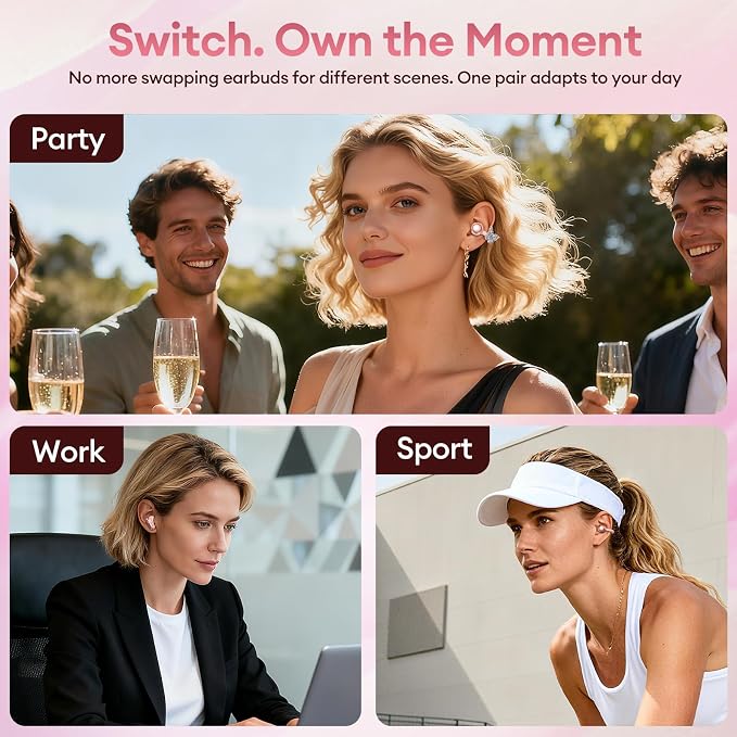 PAXA 3 in 1 Ctbuds Stylish Jewelry-Style Clip on Open Ear Headphones Wireless Earbuds, Instant Earring Mode, Ultra-Long 140H Play, Bluetooth 6.0, All-Day Wear for Work Fitness Daily Use, Rose Gold
