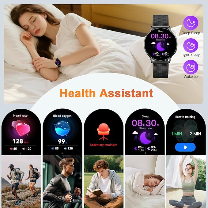 Jugeman Smart Watch for Women, 1.32" AMOLED Screen Fitness Tracker with Bluetooth Calling (Answer/Make Calls), Step Heart Rate Sleep Monitor, IP68 Waterproof Watch for Android/iPhone (Black)