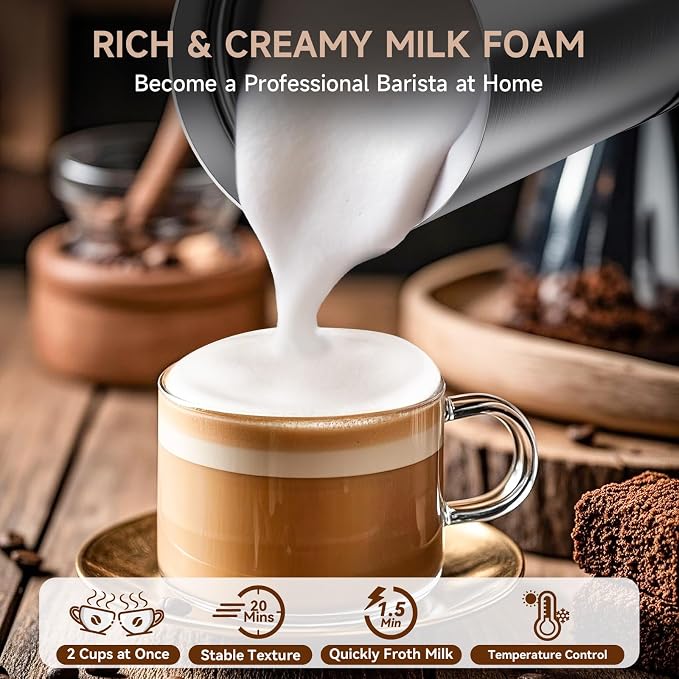 Novalife Milk Frother, 4 in 1 Milk Frother and Steamer with Two Whisks, Frothing Whisk and Heating Whisk, Automatic Warm and Cold Foam Maker for Coffee Latte Cappuccino Macchiato Hot Chocolate Matcha