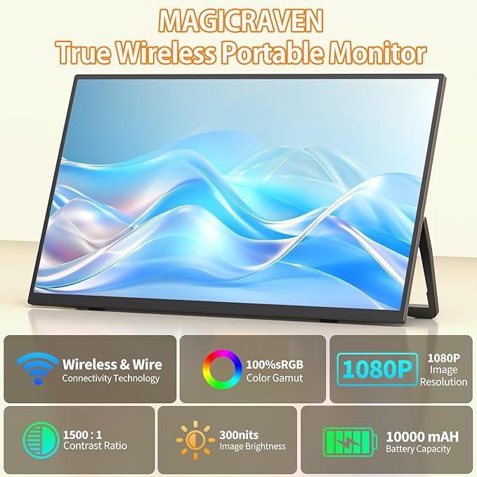 MAGICRAVEN Wireless Portable Monitor for Laptop, 18.5" Portable Monitor with Battery-1080P FHD Second Screen for Home & Office, AirPlay & Miracast Casting, No Cables or Drivers Needed