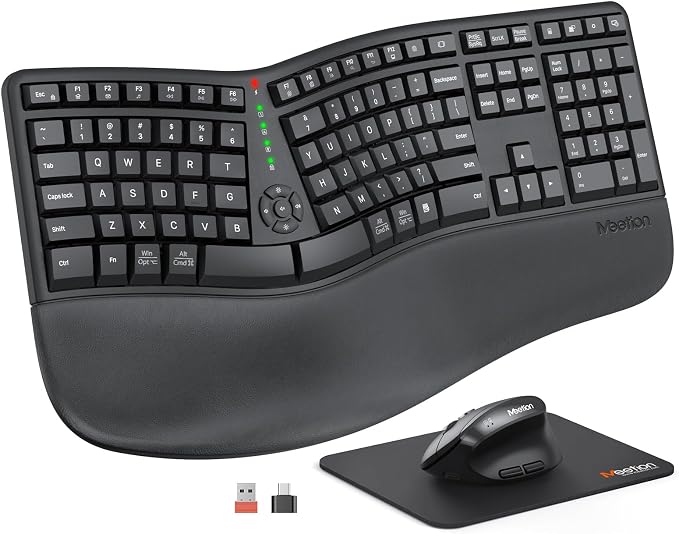 MEETION Ergonomic Keyboard and Mouse, Wireless Keyboard with Vertical Mouse, Split Curved Keyboard with Wrist Rest, Natural Typing USB Receiver Rechargeable Full Size, Windows/Mac/PC/Laptop, Large
