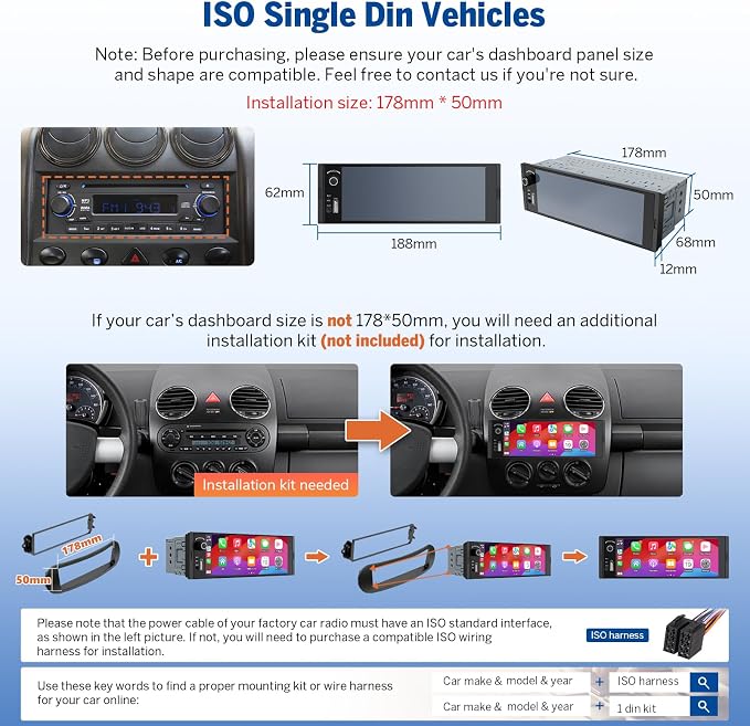 Eonon 6.36" Single DIN Car Stereo – Wireless CarPlay & Android Auto, IPS Touchscreen (1280x480), ST TDA7851 Amp, Backup Camera, Steering Control,Bluetooth 5.3-X3U