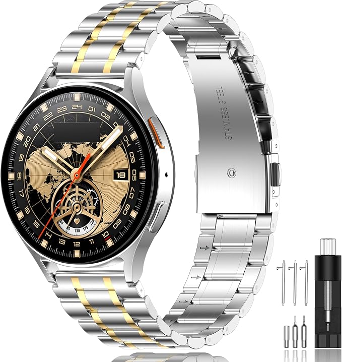 SUPLINK Band Compatible with Samsung Watch 7 6 5 4 40mm 44mm Bands, for Galaxy Watch 5 Pro 45mm/Galaxy Watch 4 6 Classic 42mm 46mm 43mm 47mm/Watch 3,20mm Metal Replacement for Men Silver Gold