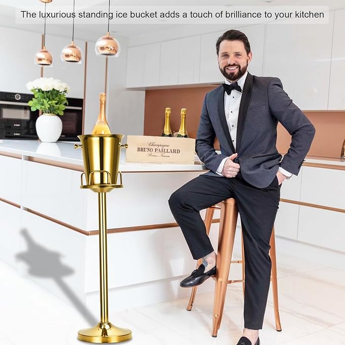Champagne Bucket with Stand,Ice Bucket with Stand Stainless Steel Bucket Wine Chiller On Stand 12Lb Hammered Tall Ice Bucket Stand for Party Bar Ktv BBQ Home,3ft (Gold, 3 Packs)
