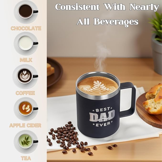 Birthday Gifts for Dad, 12oz Funny Heated Coffee Mug for Dad with BEST DAD EVER, Electric Coffee Cup with Warmer Set, Ideal Valentines Father Day Gifts from Wife Daughter Son (Black -12oz)