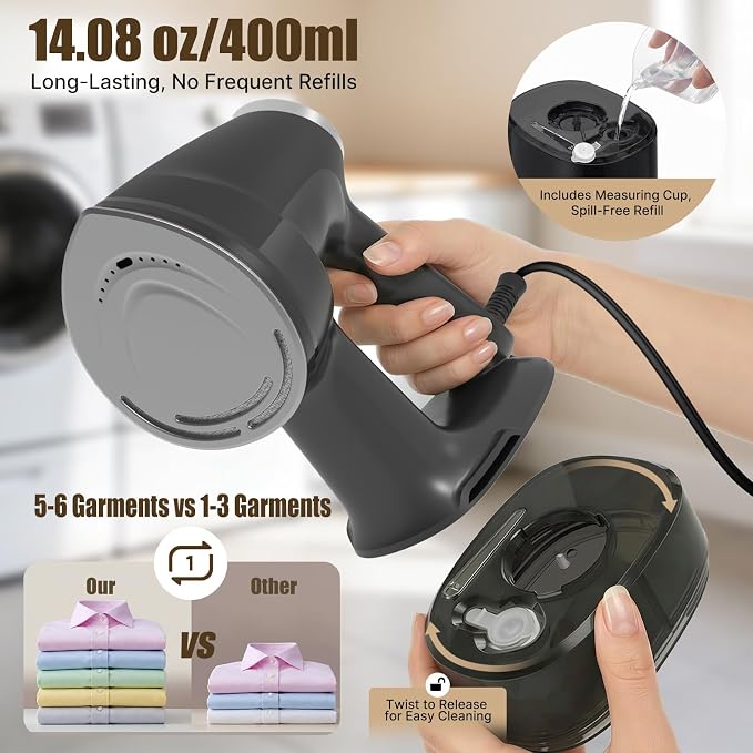 Vacuum Steamer for Clothes Handheld: 2500–3600Pa Adjustable Suction, No Leak & Stable Steam, Steaming & Ironing Portable Travel Garment Steamer, 400ml Tank, 4 Modes, 15s Heat-Up, 110-120V
