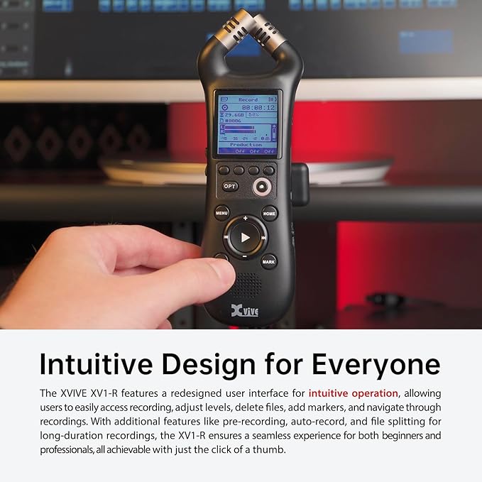 Xvive XV1-R Portable Stereo Audio Recorder with 32-Bit Float, X/Y Microphones, WAV/AAC Format, USB Microphone, Auto Record, for Musicians, Podcasters, Filmmakers