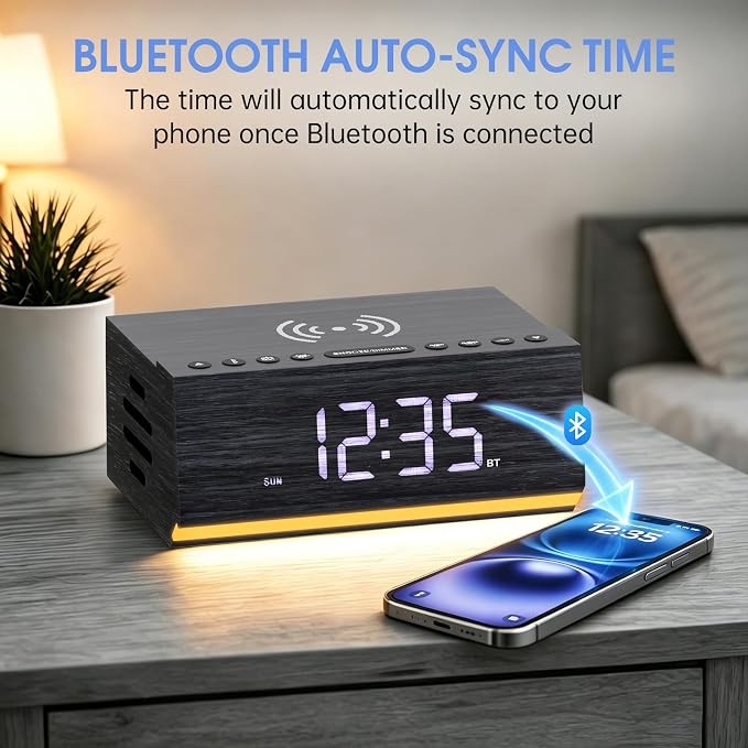Hoifen Wooden Digital Alarm Clock with Wireless Charging, Bluetooth Speaker & FM Radio, Dual Alarms, Night Light, Dimmable Display, USB Port, 9-Min Snooze – Bedside Clock Home Decor Gift (Black)