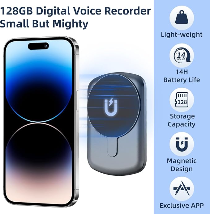 AI Note Taker Transcription with APP 128GB Voice Recorder for Phone Call | Magnetic Audio Recording Device, Portable Transcriber, Digital Recorder for Note Taking, Lectures, Meetings, Classroom