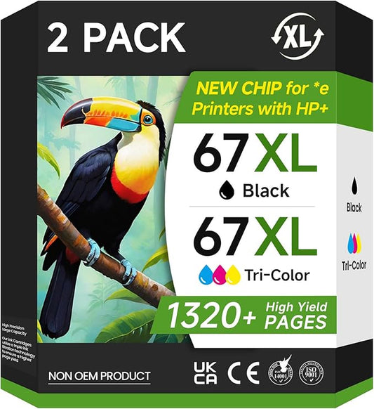 67XL Ink Cartridges Black/Color Combo Pack Compatible for HP Ink 67 67XL Printer Ink for DeskJet 4227e 2855e 2827e 2755e 2700e 2800e 4155e 4255e 2734e 4100 for Envy 6055e 6400 6455e(2 Pack)