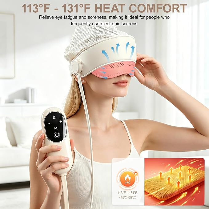 Electric Head Massager for Headaches，Electric Rechargeable Head and Eye Massage Tool with 3 Heat Levels，6-Zone Kneading Temple Massager, Migraine Relief Massager for Forehead，4 Massage Modes (White)