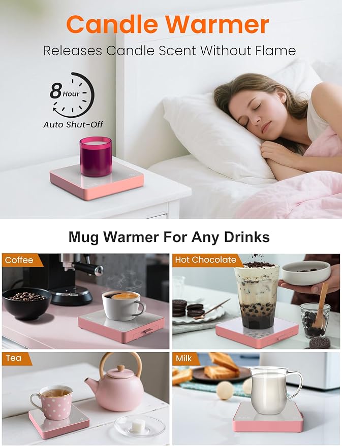 Coffee Mug Warmer with 15W Wireless Phone Charger & 3A USB Charging Port, 3 Temp Settings & 8H Auto Shut Off, Candle Warmer Plate for Heating Coffee, Milk, Tea & Candles,Valentine's Day Gift(Pink)