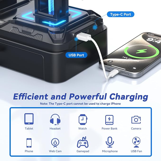 KDD RGB Multi-Controller Holder with 9 Light Modes & Headphone Stand with Charger Port and Multifunctional Storage