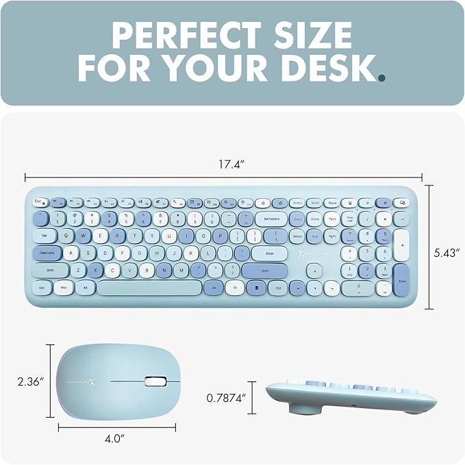 X9 Cute Wireless Keyboard and Mouse Combo - Retro Typewriter Keyboard and Mouse with Round Bubble Keys, 110 Keys and 18 Shortcuts Keyboard - Colorful Blue Keyboard Mouse Combo for PC Computer, Laptop