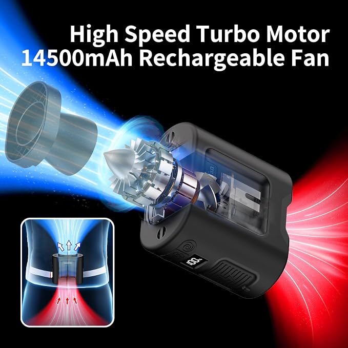 Socool 14500mAh Portable Waist Fan with 360 Rotation, Rechargeable Mini Personal Clip On Belt Shirt Fan 67Hrs Cooling Wearable Hanging Neck Fans with 5 Speeds & LED Light For Outdoor Working Jobsite