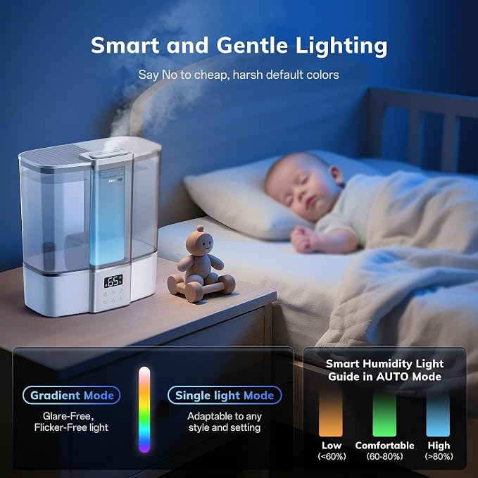 AEOCKY Geek-Level Humidifier for Baby, Quiet Ultrasonic Humidifiers for Bedroom, Nursery with Ambient Light, 4L Top-Fill Cool Mist Diffuser with Timer, Sleep, Auto, Constant Humidity Mode