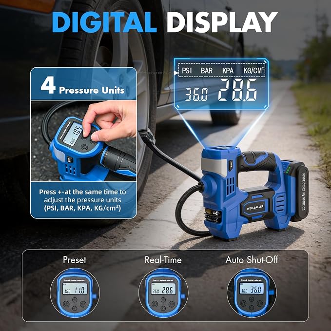 Tire Inflator Portable Air Compressor,20V Cordless Tire Inflator with 150PSI Max,4X Faster Portable Air Pump,Battery Powered Pump with Digital Pressure Gauge for Car Tires,Motorcycle,Bike,Balls