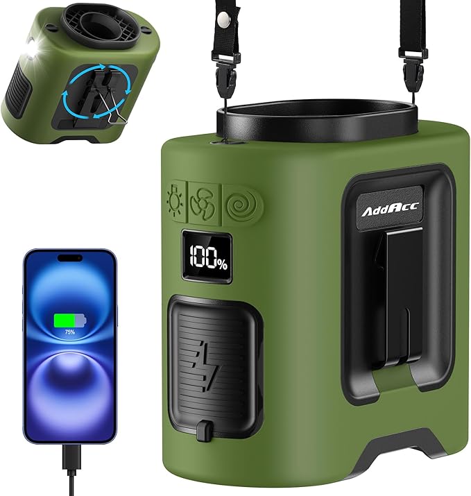 AddAcc Portable Waist Fan - 14500mAh Rechargeable Battery, 67Hrs Cooling Belt Fan, 5 Powerful Speed & 360° Rotatable, Hands-Free Clip On Waist With LED Light for Work Gift Camping Travel Outdoor