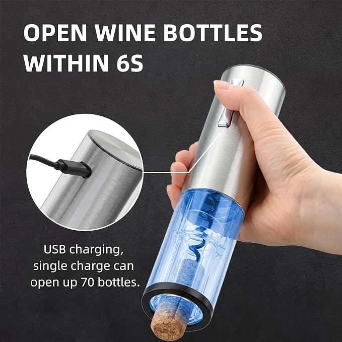 Wine Gifts-Electric Wine Opener and Aerator Set- Rechargeable Wine Dispenser Pourer, Wine Bottle Opener with Led Light, Foil Cutter, Vacuum Stoppers,Silver Set