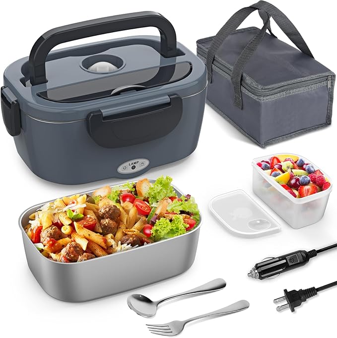 Vingud Electric Lunch Box for Adults, Heated Lunch Box Food Warmer, 80W 1.5L Portable Heating Lunchbox for Men/Work/Car/Truck, 12V 24V 110V Lonchera Eléctrica Portátil Christmas White Elephant Gifts