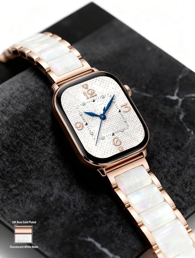 V.R.HOPE Apple Watch Band for Women 38mm 40mm 41mm 42mm Fashion Rose Gold Stainless Steel Metal Strap with Resin Inlay, Fashion Bracelet Compatible with iWatch Series 11/10/9/8/7/6/5/4/3/2/1/SE (Fluorescent White+Rose Gold)