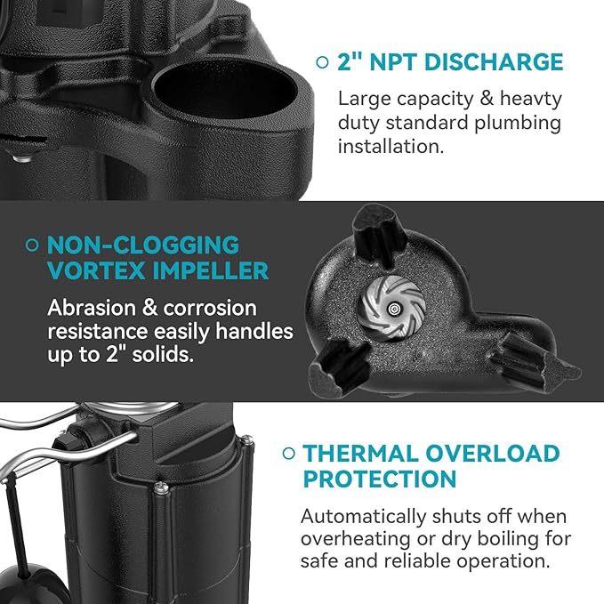 1/2 HP Sewage Pump, Cast Iron Effluent Pump, Automatic Float Switch, Sewage Sump Pump for Sump Basin, Basement, Residential Sewage, 2'' NPT Discharge, Dark