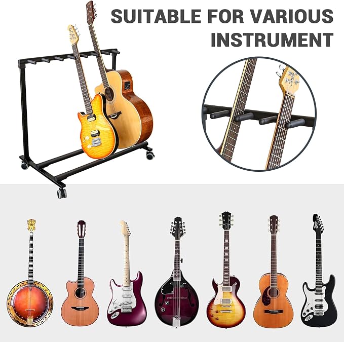 GarveeHome 7 Guitar Stand Rack with Wheels, Folding Design 7 Holder Multi Guitar Rack Guitar Rolling Stand Multiple Instrument Stage Studio Display Rack Movable for Acoustic Electric Guitar Bass