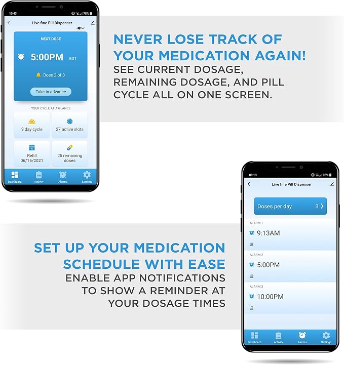 Live Fine Smart WiFi Automatic Pill Dispenser Clear Lid | 28-Day Medication Organizer Up to 9 Doses Per Day for Care Monitoring with Lock Key, Light/Sound Alarms for Prescriptions & Vitamins