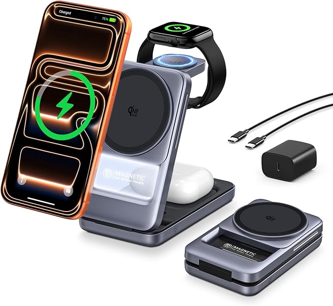 Qi2.2 25W 3-in-1 Foldable Magnetic Wireless Charger for iPhone, Night Light | Compatible with iPhone 17/16/15/14/13/12, Apple Watch & AirPods, 45W Adapter + 5A Cable, Case-Friendly up to 3 mm