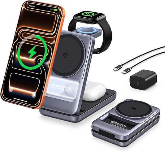 Qi2.2 25W 3-in-1 Foldable Magnetic Wireless Charger for iPhone, Night Light | Compatible with iPhone 17/16/15/14/13/12, Apple Watch & AirPods, 45W Adapter + 5A Cable, Case-Friendly up to 3 mm