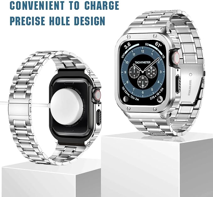 MioHHR Stainless Steel Watch Band with Case Compatible for Apple Watch Bands 40/41 mm,Rugged Strap with Metal Protective Bumper Cover for iWatch Series 8/7/6/5/4/SE for Men(Silver)