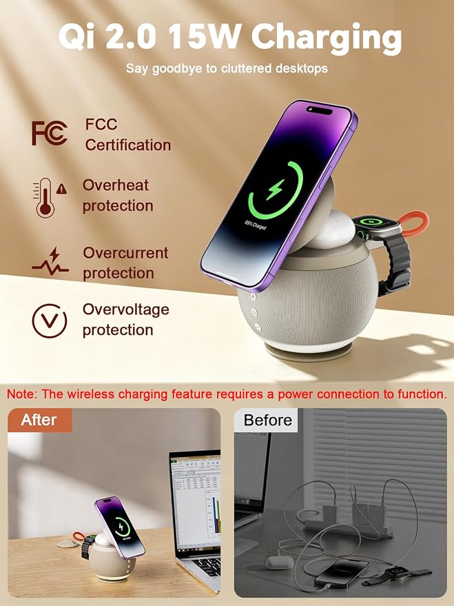 5 in 1 Wireless Charging Station with Bluetooth Speaker and Night Light, Magnetic Fast Charger Stand for iOS Phones, Smartwatch and Wireless Earbuds, Bedside Charging Station, Brown