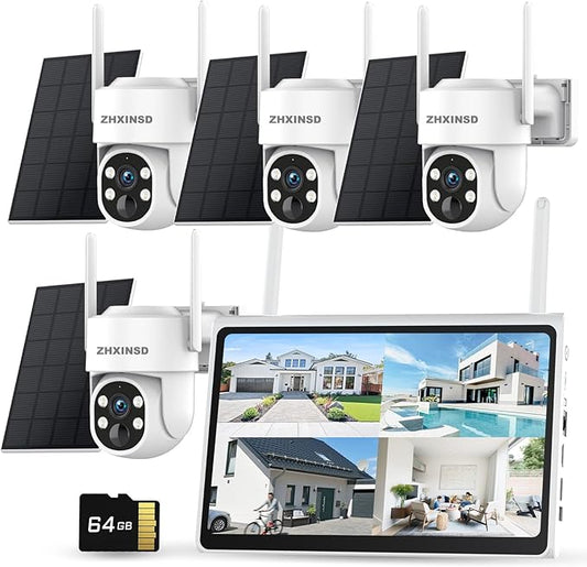 2.5K Outdoor Solar Wireless Security Camera System, 4-Camera Kit with 10" Monitor for Home Surveillance 360° View, 2.4/5GHz WiFi, Forever Power, 64GB Storage, No Subscription, No Monthly Fee