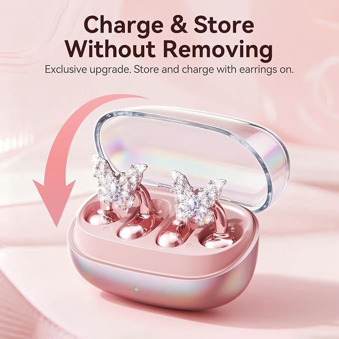 Kinglucky Gen2 Clip-On Open Ear Earbuds with Detachable Sparkle Butterfly Earrings, Bluetooth Wireless Headphones for Women, 50H Playtime, Comfortable Fit for Small Ears, Easy Storage Case,Transparent