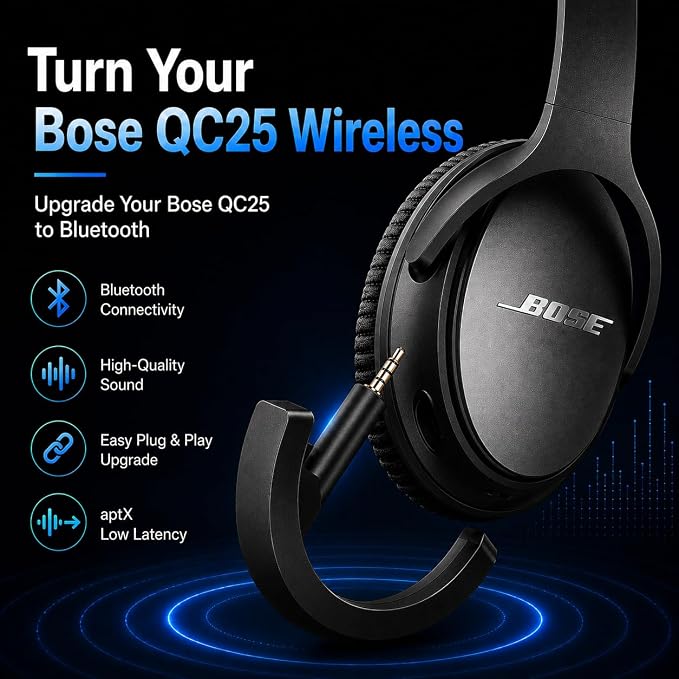 Upgraded aptX Wireless Bluetooth Adapter for Bose QuietComfort 25 QC 25Headphones with Mic/Volume Control, Black